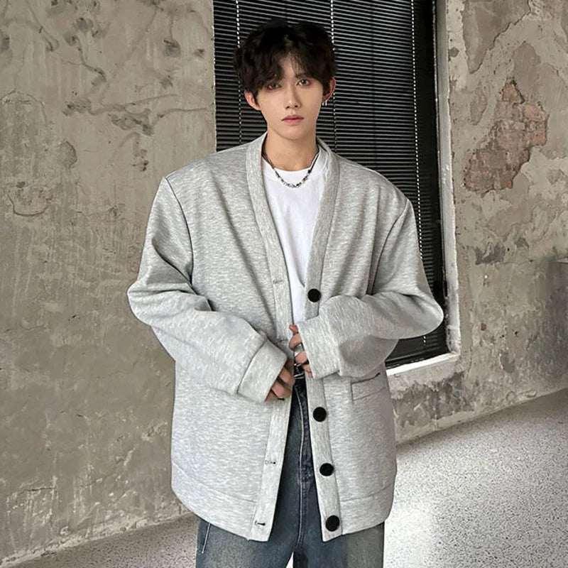 V-neck Men's Warm Top Single-breasted Pockets Solid Color Long Sleeve Korean Style Male Casual Jacket 2024 Autumn 9C9027