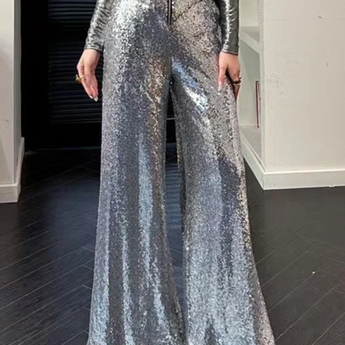 Load image into Gallery viewer, Slimming Spliced Sequins Fashion Long Pants for Women High Waist Patchwork Zipper Wide Leg Pant Female Clothing New
