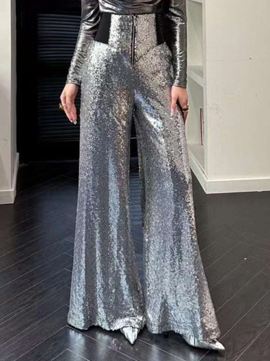 Slimming Spliced Sequins Fashion Long Pants for Women High Waist Patchwork Zipper Wide Leg Pant Female Clothing New