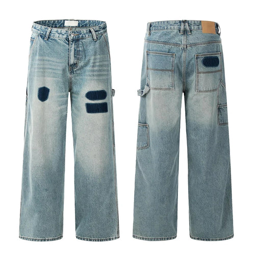 Load image into Gallery viewer, Men's Jeans  American Distressed Washed Denim Pants Color Block Design Street Style Multi Pocket Trousers 9W1464
