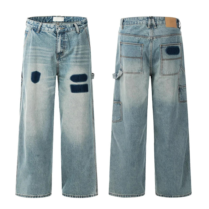 Men's Jeans  American Distressed Washed Denim Pants Color Block Design Street Style Multi Pocket Trousers 9W1464