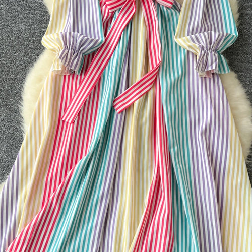 Load image into Gallery viewer, Vintage Women's Rainbow Striped Single Breasted Bow Bandage Long Dress Autumn Vacation Long Sleeved Shirt Dress Casual Clothing
