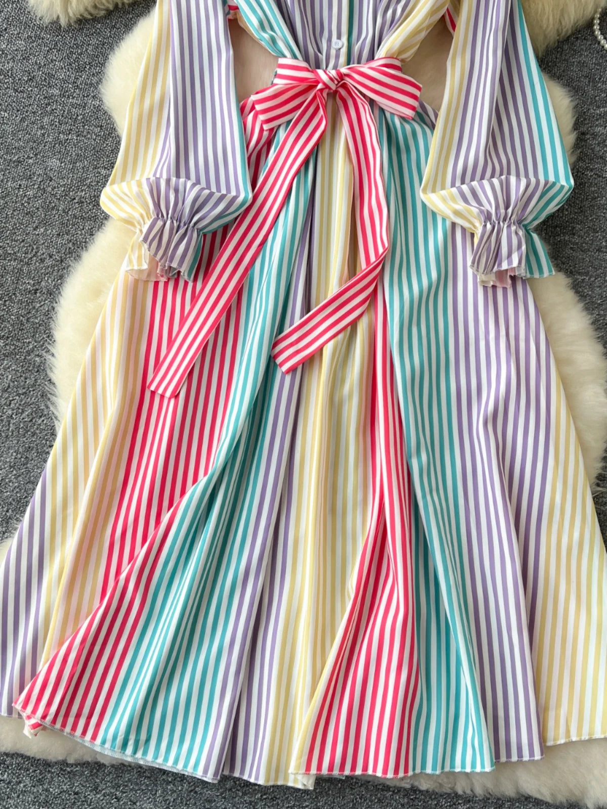 Vintage Women's Rainbow Striped Single Breasted Bow Bandage Long Dress Autumn Vacation Long Sleeved Shirt Dress Casual Clothing