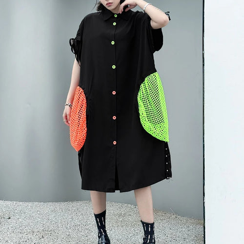 Load image into Gallery viewer, Women Black Color-block Grid Pocket Big Size Shirt Dress New Lapel Short Sleeve Fashion Tide Spring Summer 2025 1DJ1332
