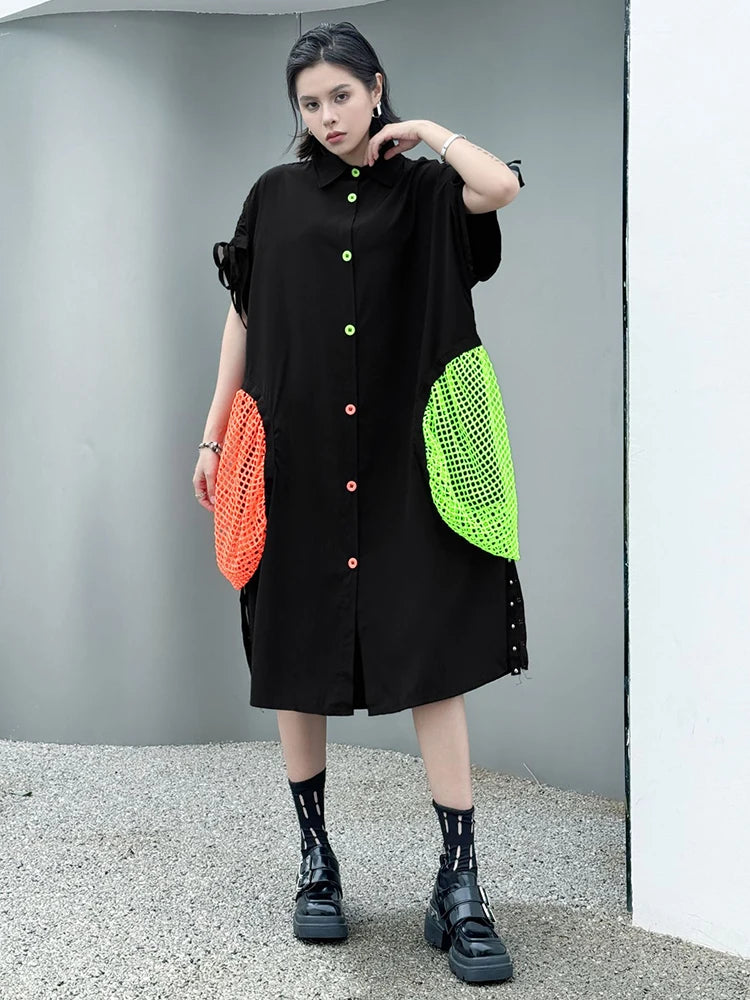 Women Black Color-block Grid Pocket Big Size Shirt Dress New Lapel Short Sleeve Fashion Tide Spring Summer 2025 1DJ1332