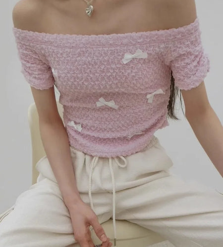 Shirts for Women Slash Neck Off Shoulder Tshirts Short Sleeve Off Shoulder Bow Tunic Tees Crop Tops Fashion Summer Sweet T Shirt