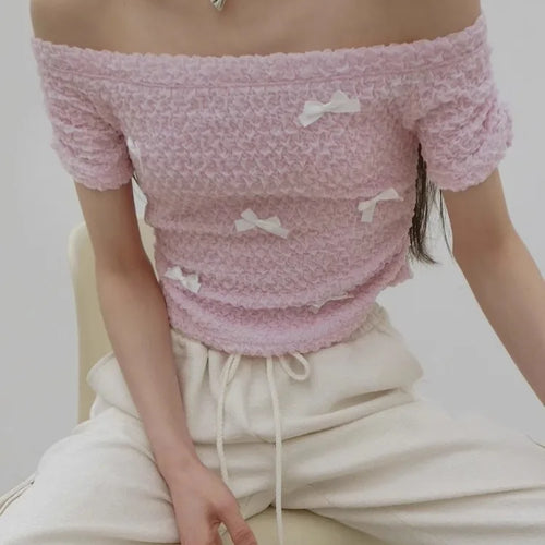 Load image into Gallery viewer, Shirts for Women Slash Neck Off Shoulder Tshirts Short Sleeve Off Shoulder Bow Tunic Tees Crop Tops Fashion Summer Sweet T Shirt
