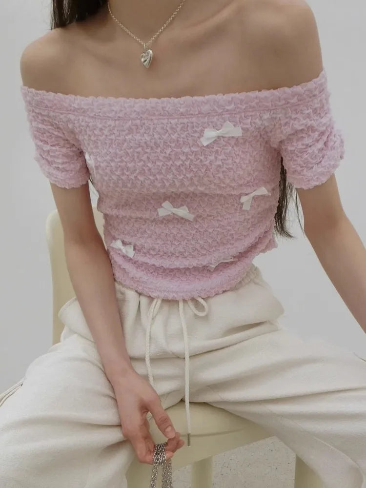 Shirts for Women Slash Neck Off Shoulder Tshirts Short Sleeve Off Shoulder Bow Tunic Tees Crop Tops Fashion Summer Sweet T Shirt