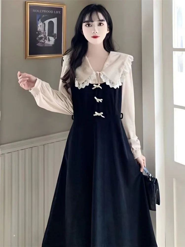 School Kawaii Black Midi Dress Women Japanese Sweet Vintage Elegant Peter Pan Collar Long Sleeve Cute Dresses Autumn