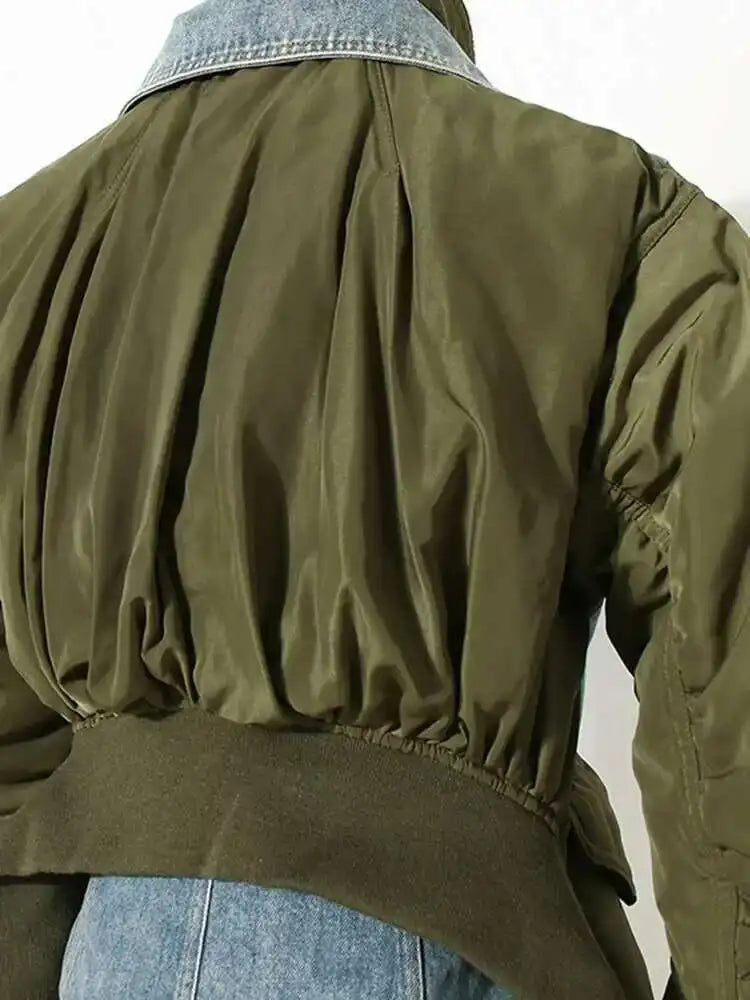 Blue Denim Color-block Big Size Jacket New Stand Collar Long Sleeve Women Coat Fashion Tide Spring Autumn 2025 7Z249