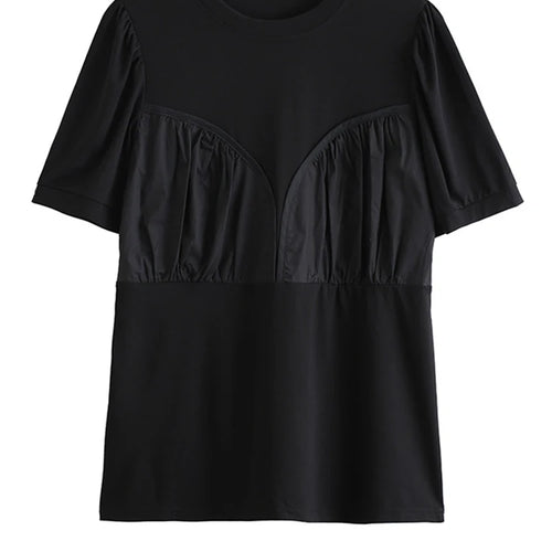 Load image into Gallery viewer, Women White Pleated Spliced Big Size Casual T-shirt New Round Neck Short Sleeve Fashion Tide Spring Summer 2025 1DJ1055
