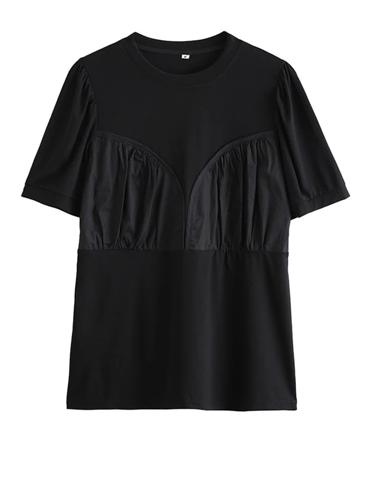 Women White Pleated Spliced Big Size Casual T-shirt New Round Neck Short Sleeve Fashion Tide Spring Summer 2025 1DJ1055