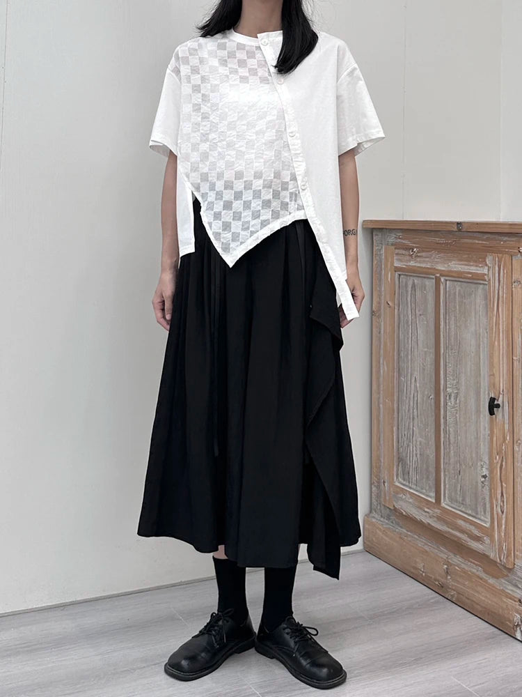 Women White  Plaid Irregular Hem Big Size T-shirt New Round Neck Short Sleeve Fashion Tide Spring Summer 2025 1DJ1674