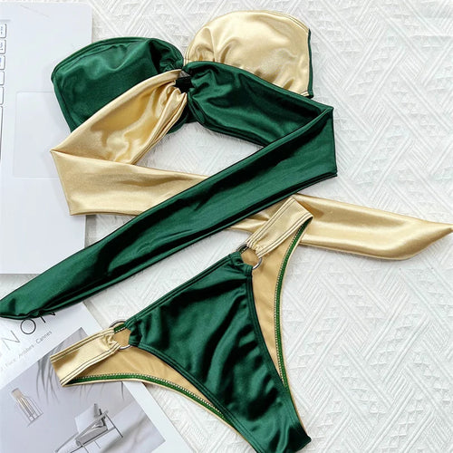 Load image into Gallery viewer, Green Gold Bikini 2023 Sexy Strapless Bandeau Swimwear Women Brazilian Swimsuit Thong Biquini Bandage Bathing Suit
