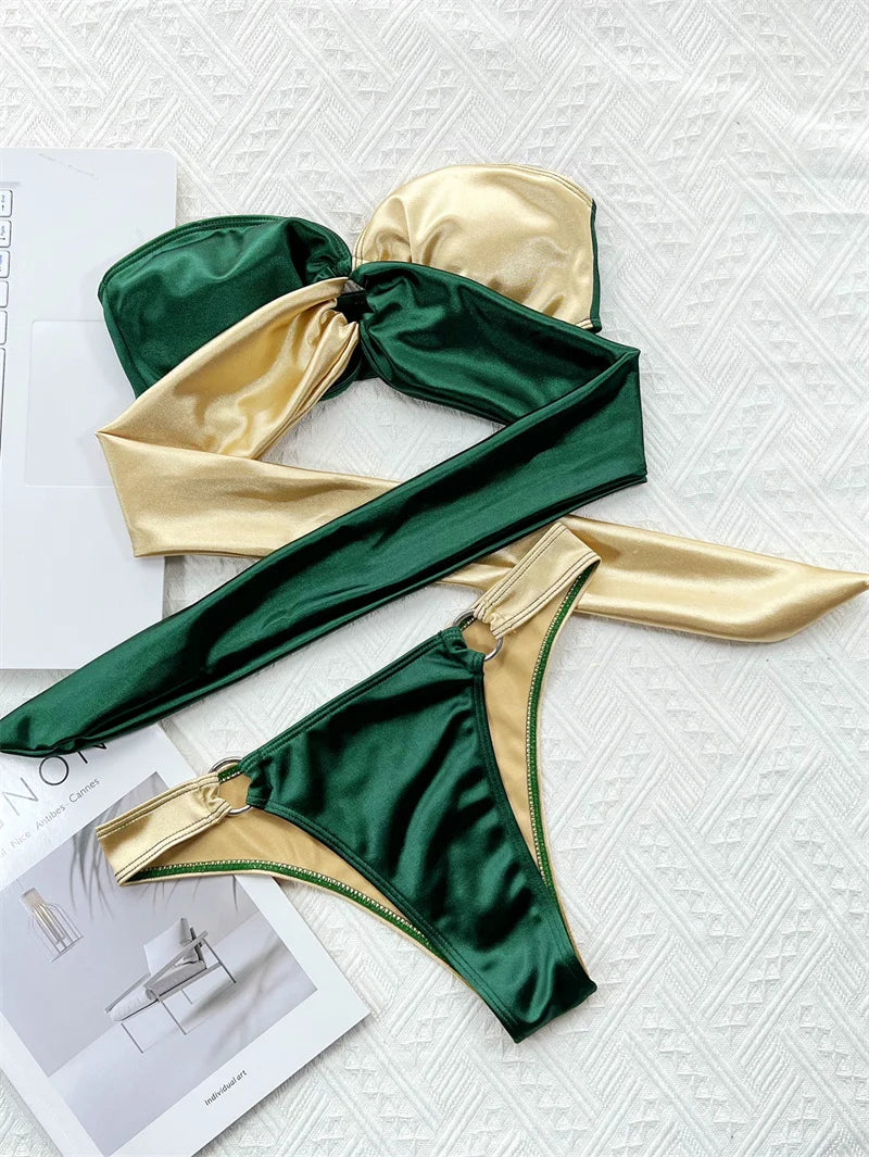 Green Gold Bikini 2023 Sexy Strapless Bandeau Swimwear Women Brazilian Swimsuit Thong Biquini Bandage Bathing Suit