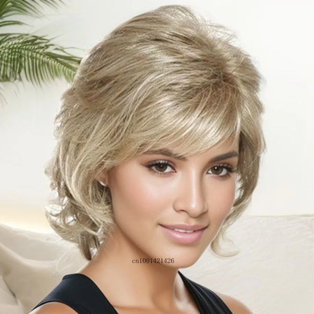 Synthetic Hair Ombre Blonde Curly Wigs for Women Shaggy Natural Wig with Bangs Highlight Mommy Wigs Old Lady Wigs Chemo Patient