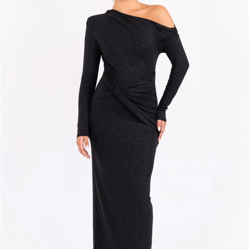 Load image into Gallery viewer, Sparkle Long Sleeve Sexy Maxi Dress For Women Inclined Shoulder Backless Bodycon Ruched Club Party Sexy Long Dress

