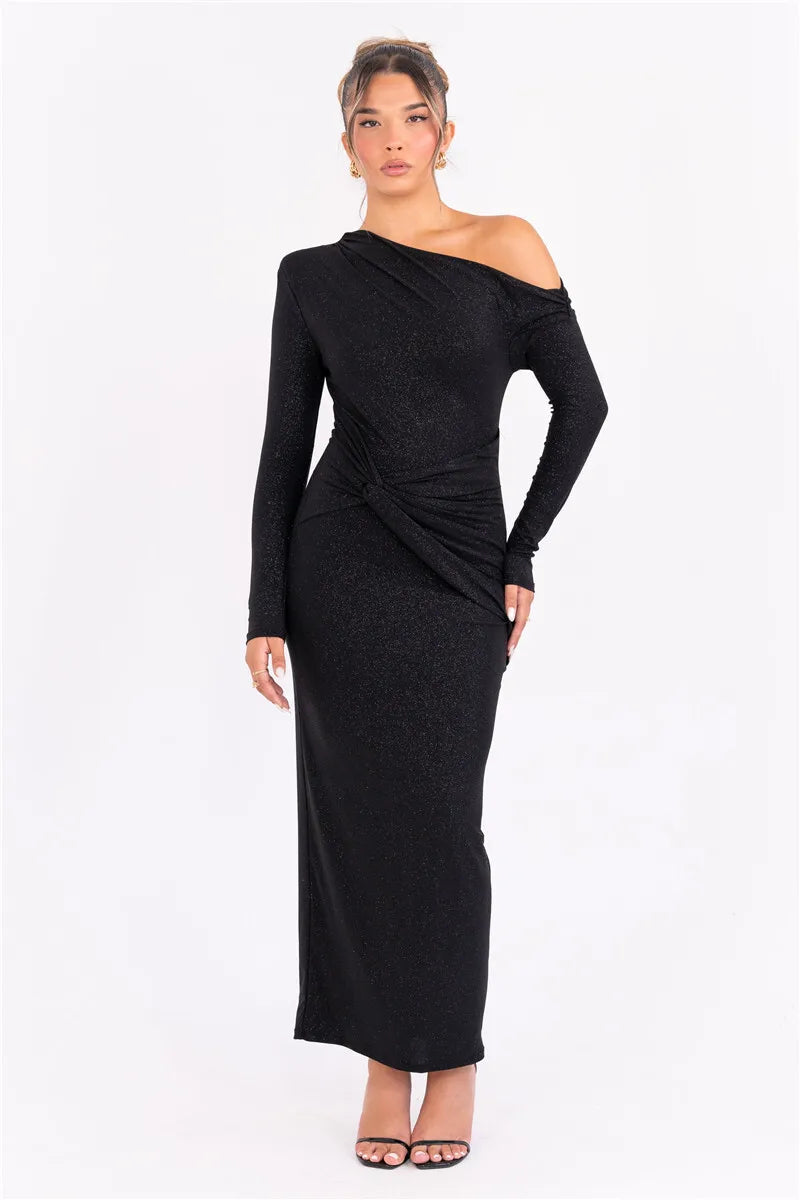 Sparkle Long Sleeve Sexy Maxi Dress For Women Inclined Shoulder Backless Bodycon Ruched Club Party Sexy Long Dress
