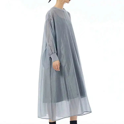 Load image into Gallery viewer, Women Khaki Mesh Perspective Big Size Thin Dress New Round Neck Long Sleeve Fashion Tide Spring Autumn 2025 1DH7412
