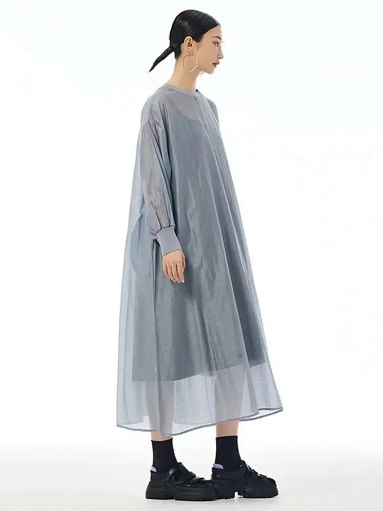 Women Khaki Mesh Perspective Big Size Thin Dress New Round Neck Long Sleeve Fashion Tide Spring Autumn 2025 1DH7412