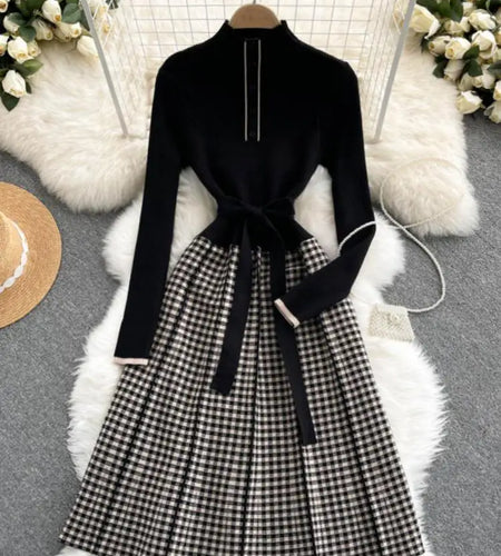 Women's New French Vintage Black Patchwork Lattice Slim Temperament Knit Dress Autumn Winter Elegant Bandage Party Long Dresses
