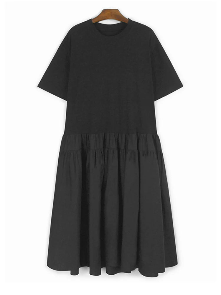 Women Army Green Pleated Hem Big Size Midi Dress New Round Neck Short Sleeve Fashion Tide Spring Summer 2025 1DJ0781