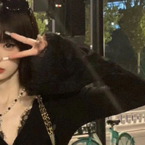 Load image into Gallery viewer, 2025 Y2k Aesthetic Lace Patchwork Crop Top Streetwear Harajuku Women Vintage T-shirt  Streetwear V Neck Bottoming Grunge Tees
