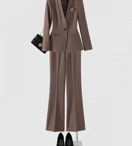 Autumn Winter Black Brown Temperament Suit 2024 Women Long Sleeve Single Button Blazer Coat + High Waist Pant Two Piece Sets New
