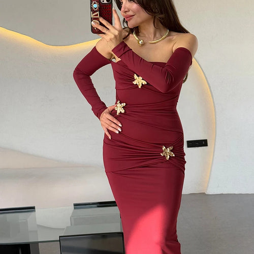 Load image into Gallery viewer, Metal Buckle Strapless Sexy Maxi Dress For Women Off-shoulder Backless Long Sleeve Ruched Bodycon Club Long Dress
