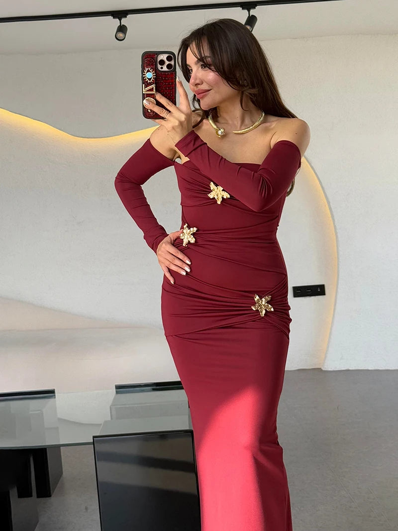 Metal Buckle Strapless Sexy Maxi Dress For Women Off-shoulder Backless Long Sleeve Ruched Bodycon Club Long Dress
