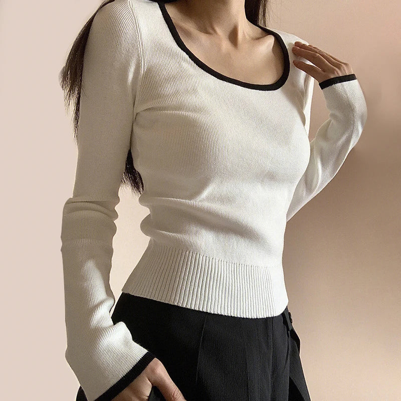 Casual White Stripe Knitted Women Pullover Autumn T shirt Slim Korean Fashion Tee Shirts Basic Contrast New Top Cute