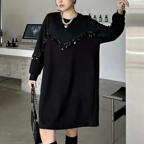 Load image into Gallery viewer, Women Black Sequins Big Size Knee-Length Casual Dress New Round Neck Long Sleeve Fashion Tide Spring Autumn 2025 1DH8736
