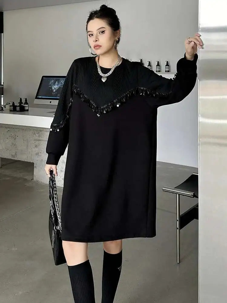 Women Black Sequins Big Size Knee-Length Casual Dress New Round Neck Long Sleeve Fashion Tide Spring Autumn 2025 1DH8736
