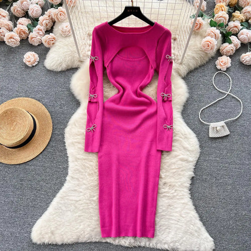 Load image into Gallery viewer, Women Retro Chic Elegant Bow Hollow Long Sleeve Bodycon Dress Sexy Fashion Knit Slim Hip Wrap Sweater Dress Vestidos Autumn New
