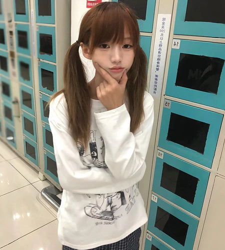 Japanese Y2k Letter Print T-shirt 2000s Style Long Sleeve White T Shirt Vintage Harajuku Oversized Tops American Retro