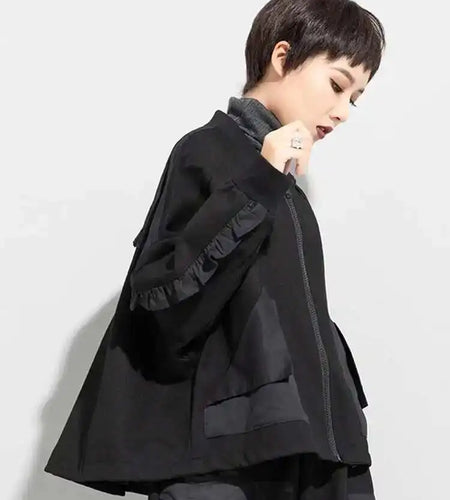 Loose Fit Black Pocket Ruffles Big Size Jacket New Stand Collar Long Sleeve Women Coat Fashion Autumn Winter 2025 1DD3814