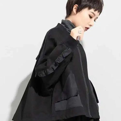 Load image into Gallery viewer, Loose Fit Black Pocket Ruffles Big Size Jacket New Stand Collar Long Sleeve Women Coat Fashion Autumn Winter 2025 1DD3814
