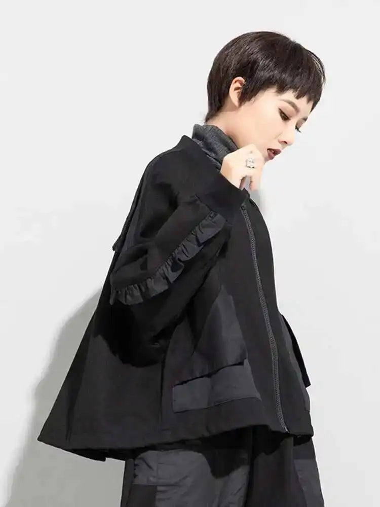 Loose Fit Black Pocket Ruffles Big Size Jacket New Stand Collar Long Sleeve Women Coat Fashion Autumn Winter 2025 1DD3814