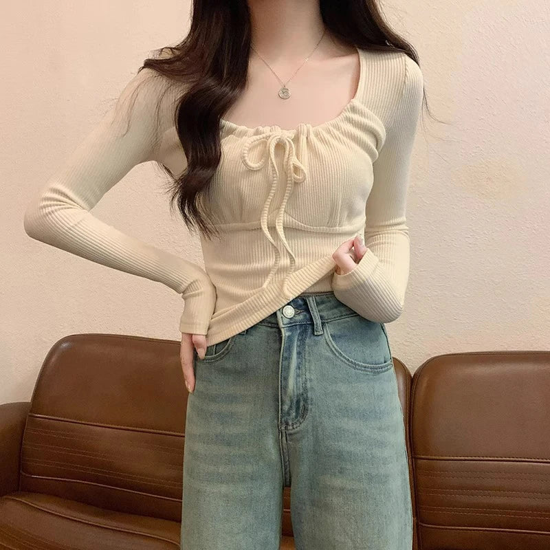 y2k Tops Women Clothes Solid Color Drawstring Chest Long Sleeve Ribbed T Shirts 2000s Aesthetic Clothing Streetwear