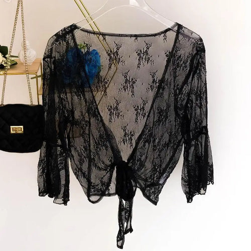 Load image into Gallery viewer, 2023 Summer Jackets Lace Shawl Women&#39;s Clothing Short Lace-up Sun Protection Shawl Coat Cardigan Top Thin Femme Mujer
