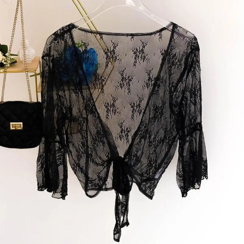 2023 Summer Jackets Lace Shawl Women's Clothing Short Lace-up Sun Protection Shawl Coat Cardigan Top Thin Femme Mujer