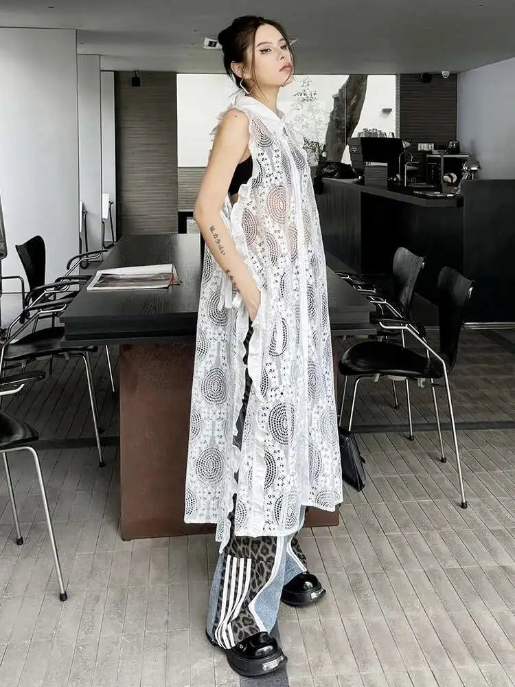 Women White Lace Perspective Ruffles Big Size Shirt Dress New Lapel Sleeveless Fashion Tide Spring Summer 2025 1DH6069