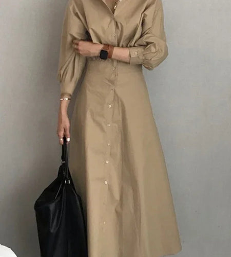 Women Casual Long Shirts Dresses 2025 Summer Spring Clothes Khaki Puff Sleeves Botton Simple Maxi Dresses for Women