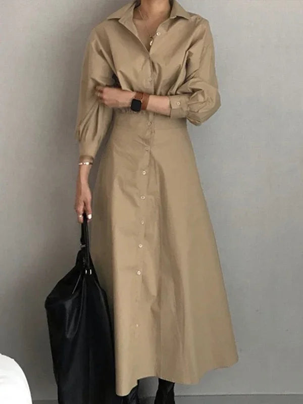 Women Casual Long Shirts Dresses 2025 Summer Spring Clothes Khaki Puff Sleeves Botton Simple Maxi Dresses for Women