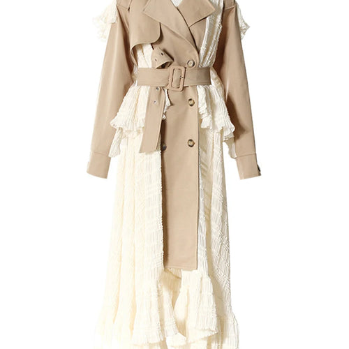 Load image into Gallery viewer, Women Khaki Lace Ruffles Big Size Long Trench New Lapel Long Sleeve Windbreaker Fashion Tide Spring Autumn 2025 7AB8040

