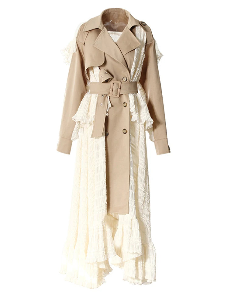 Women Khaki Lace Ruffles Big Size Long Trench New Lapel Long Sleeve Windbreaker Fashion Tide Spring Autumn 2025 7AB8040