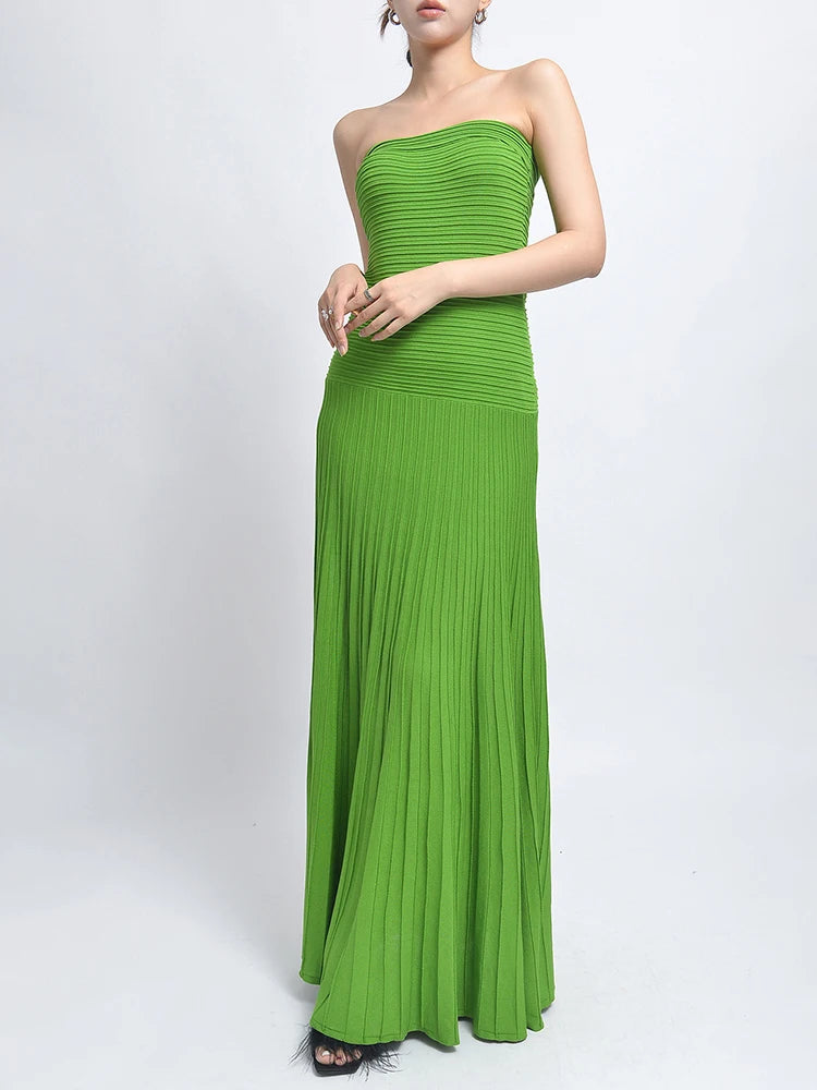 Solid Slimming Sexy Long Dresses For Women Strapless Sleeveless High Waist Spliced Folds Minimalist Dress Female