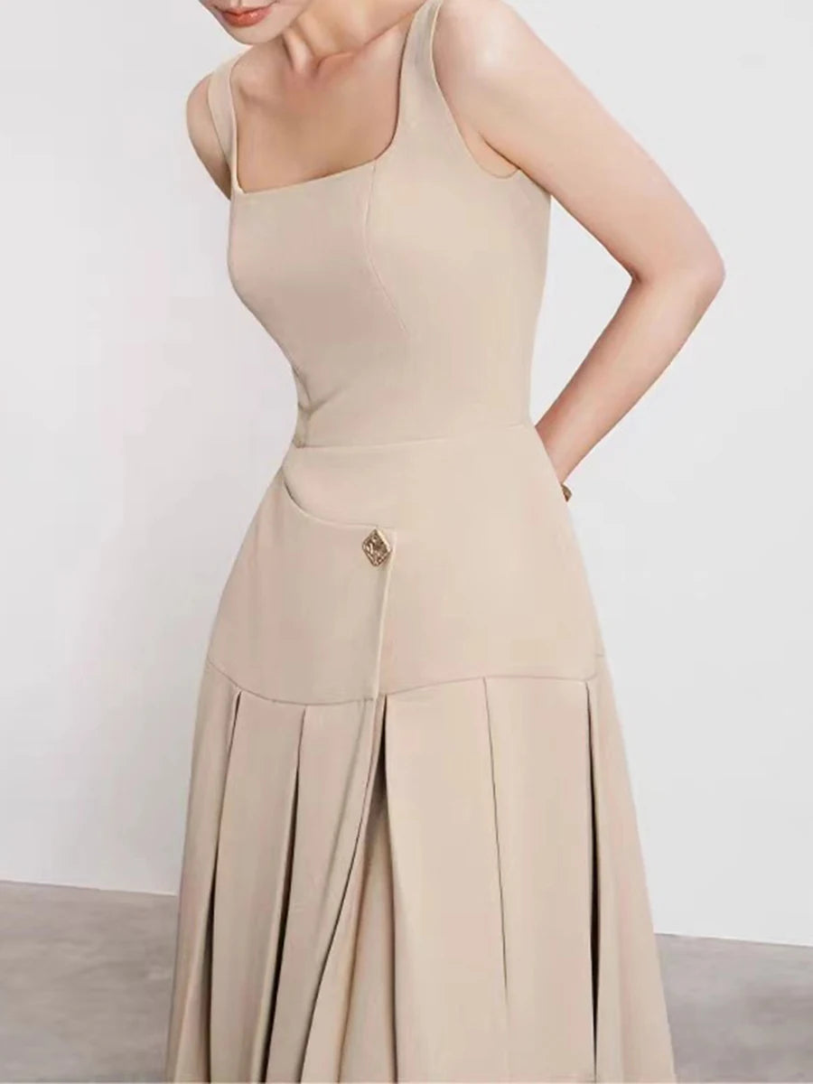 Hit Color Elegant Removable Dress For Women Square Collar Sleeveless High Waist Slimming Dress Female Fashion New