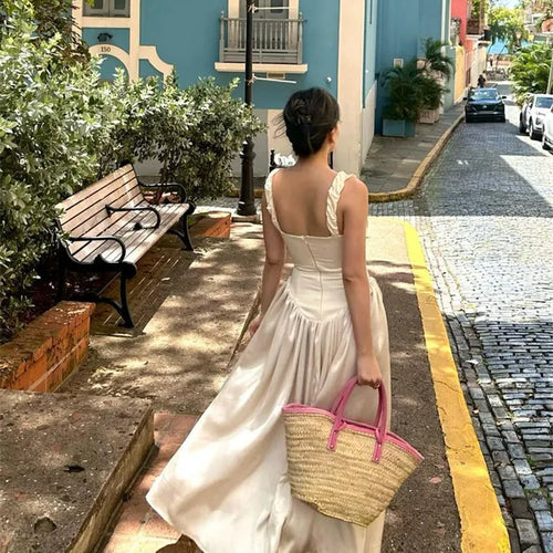 Load image into Gallery viewer, Elegant Satin Backless Midi Dress For Women High Quality Sundress Fashion Square Collar Sleeveless Loose Pleated Dress
