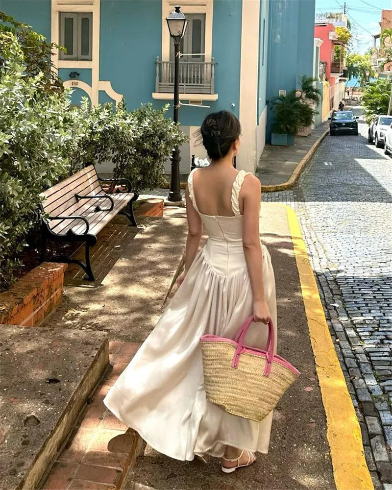 Elegant Satin Backless Midi Dress For Women High Quality Sundress Fashion Square Collar Sleeveless Loose Pleated Dress